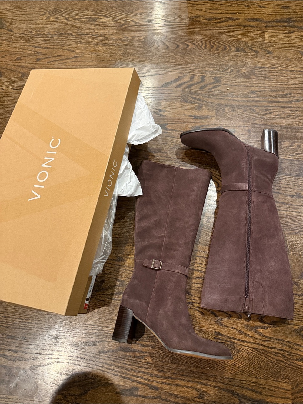 Vionic Women's Chocolate Brown Suede Mid-Calf Block Heel Boots 9 1/2 wide calf